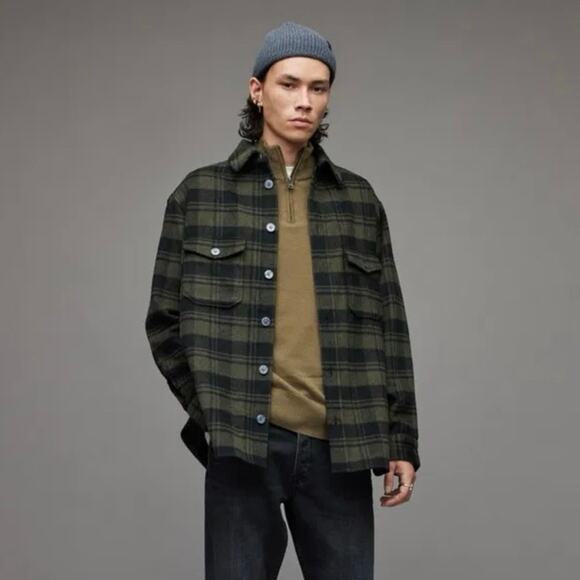 ALLSAINTS Asbury Plaid Flannel Long Sleeve Warm Overshirt Shacket Designer Large - Picture 1 of 11